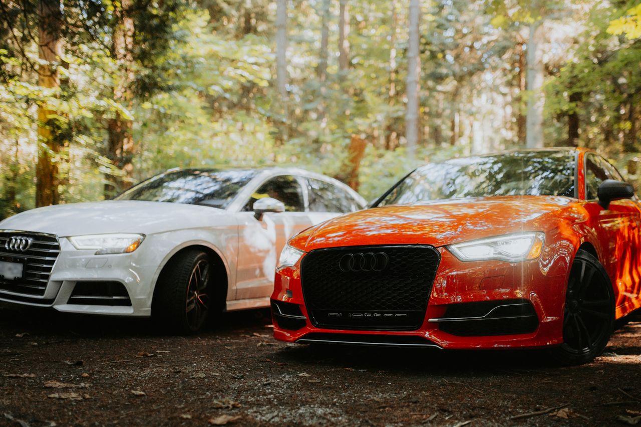 creative Two modern Audi cars, red and white, parked in a serene forest setting.